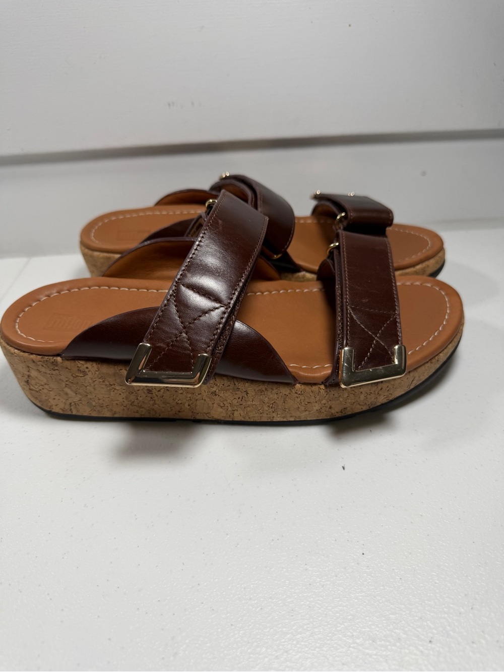 FitFlop Remi Dark Brown Leather Adjustable Slides Sandals Cork Soles size 8